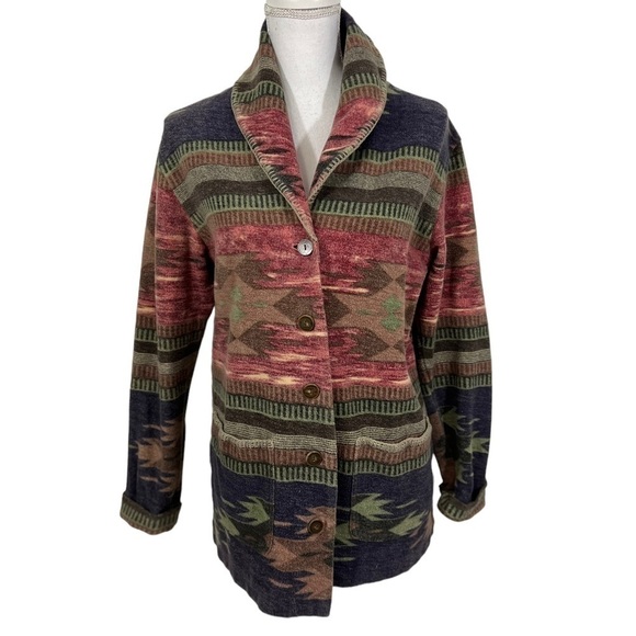 Orvis Southwestern Cotton Fleece Aztec Coat Jacket Shawl Collar Runs Large. - Picture 1 of 10
